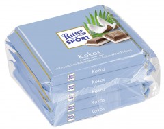 Ritter Sport (Риттер Спорт) Tafelschokolade Kokos Gefullte Alpen-Vollmilchschokolade mit Kokos-Milch-Creme (45 %), 5 шт. по 100 г Упаковка 500 г