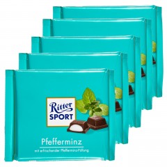 Ritter Sport (Риттер Спорт) Tafelschokolade Pfefferminz Gefullte, dunkle Halbbitter-Schokolade mit Pfefferminz-Fullung (40 %), 5 шт. по 100 г Упаковка 500 г