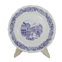 Тарелка винтажная сервировочная Arcopal  с изображением города и цветочным орнаментом, фарфор, 25 x 2 см, Франция, 1960-70гг.